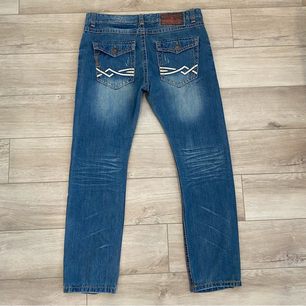 Y2K Distressed Parish Jeanswear Denim Mens Size 38x33 Embroidered Pants 00s